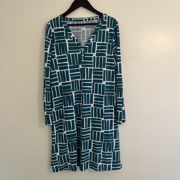 GARNET HILL Organic-Cotton Knit Henley Gown, Teal Geometric- XS - Picture 1 of 9